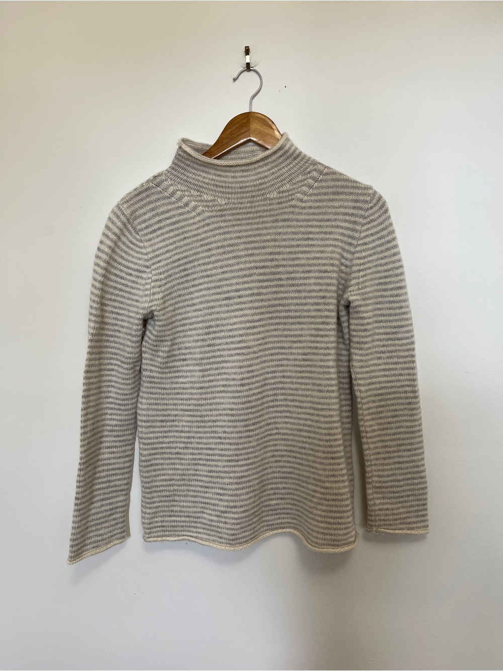 J. Crew Cashmere Wool Blend Roll Neck Sweater Grey White Stripe Small